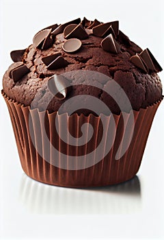 Chocolate cupcake with chocolate chips and cream. Generative AI. photo