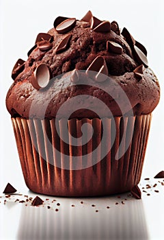 Chocolate cupcake with chocolate chips and cream. Generative AI. photo