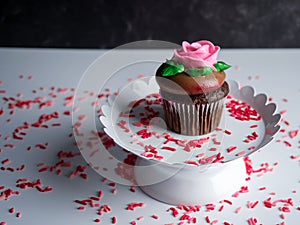 Chocolate cupcake with chocolate frosting and a pink rose on a white raised platter with red and pink sprinkles scattered like