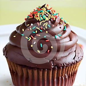 A chocolate cupcake with chocolate frosting and sprink