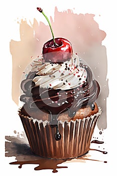 Chocolate cupcake with chocolate ganache frosting and cherry
