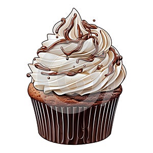 Chocolate cupcake with cream and chocolate icing. Ai illustration.