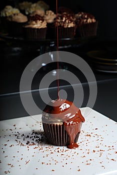 Chocolate cupcake drizzled with chocolate sauce