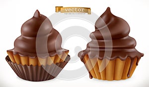 Chocolate cupcake, fairy cake. 3d vector icon