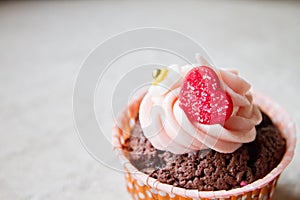 Chocolate cupcake with heart decoration, plain vintage tone