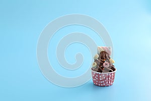 Chocolate cupcake isolated in blue background