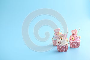 Chocolate cupcake isolated in blue background