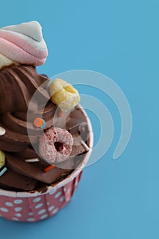 Chocolate cupcake isolated in blue background