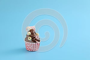 Chocolate cupcake isolated in blue background