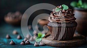 Chocolate cupcake with mint garnish