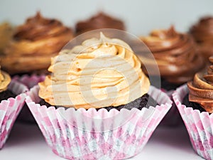 Chocolate cupcake with mixed frosting cream, in pink cups