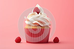 Chocolate cupcake muffin with cream frosting sprinkles on pink background