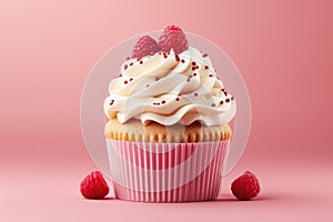 Chocolate cupcake muffin with cream frosting sprinkles on pink background