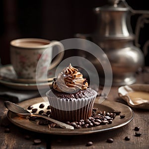 Chocolate cupcake and offee with mint on wooden table