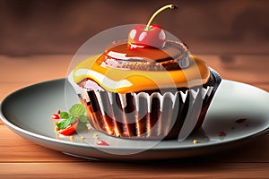 chocolate cupcake with red cherry and a chocolate on top of wooden table