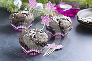 Chocolate Cupcake with Snowflakes in Pink Punnet