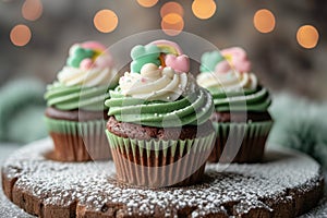 A chocolate cupcake for St. Patrick\'s Day adorned with green and white frosting