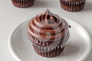 Chocolate Cupcake With Swirled Frosting on a White Plate