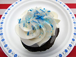 Chocolate cupcake with white frosting and blue sprinkles