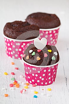 Chocolate cupcake on white wooden table