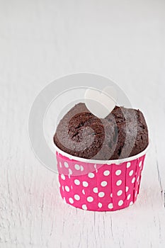 Chocolate cupcake on white wooden table