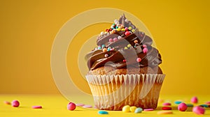 Chocolate cupcake on yellow background.