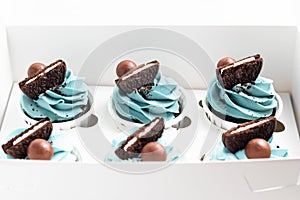 Chocolate cupcakes with blue frosting in white box