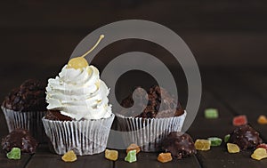 Chocolate Cupcakes with Cherry and Cream