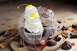 Chocolate Cupcakes with Cherry and Cream