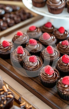 chocolate cupcakes and chocolate desserts on wooden trays