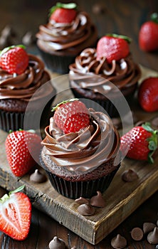 chocolate cupcakes and chocolate desserts on wooden trays