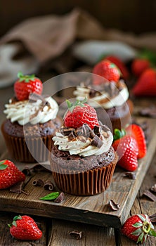 chocolate cupcakes and chocolate desserts on wooden trays