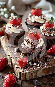 chocolate cupcakes and chocolate desserts on wooden trays