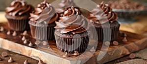 Chocolate Cupcakes With Chocolate Frosting on Wooden Board