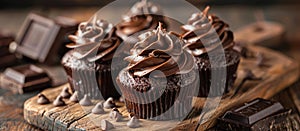 Chocolate Cupcakes With Chocolate Frosting on Wooden Board