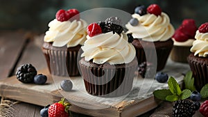 Chocolate cupcakes with cream cheese frosting and fresh berries