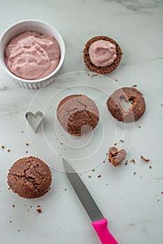 Chocolate Cupcakes decorated with sugar hearts for Valentine \'s Day