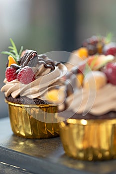 Chocolate cupcakes with fruits. A beautiful dessert.