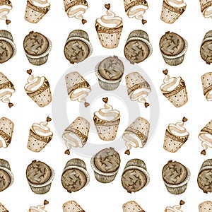 Chocolate Cupcakes Handheld Watercolor Seamless Pattern Sweets Baking Delicious