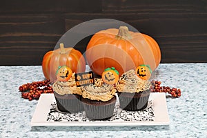 Chocolate cupcakes with peanut butter frosting decorated for Halloween