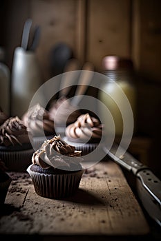 Chocolate Cupcakes in a rustic kitchen. Illustration AI Generative