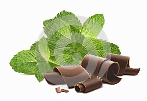 Chocolate curls and mint leaves isolated on white background