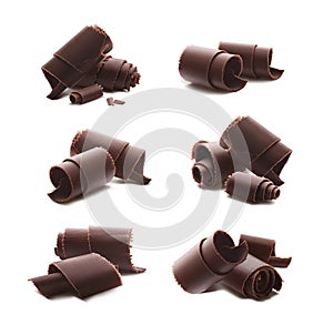 Chocolate curls shavings isolated on white background