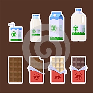 Chocolate and Dairy Products Stickers Set. Flat Style. Collection of Candy Bars and Milk in different package icons for