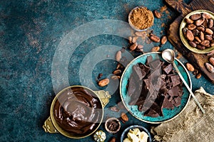 Chocolate. Dark bitter chocolate chunks, cacao butter, cocoa powder and cocoa beans. Chocolate background