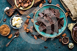 Chocolate. Dark bitter chocolate chunks, cacao butter, cocoa powder and cocoa beans. Chocolate background