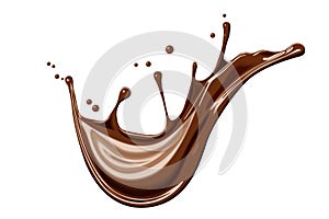 Chocolate dark isolated wavy flow splash, melted dessert with splatters. Beautiful appetizing realistic chocolate