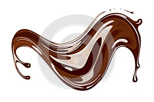 Chocolate dark isolated wavy flow splash, melted dessert with splatters. Beautiful appetizing realistic chocolate, cocoa milkshake