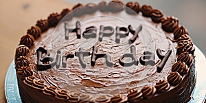 chocolate decorated cake on the plate with congratulations happy birthday, banner