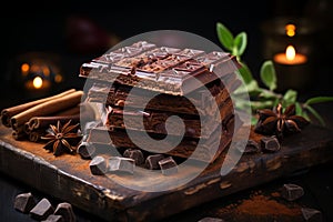 Chocolate delight wrapped bar on a dark wooden backdrop, a temptation